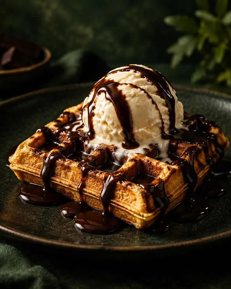 Belgian chocolate waffle with ice cream